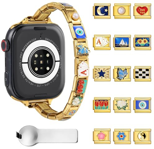 Gold Italian Charm Bracelet Apple Watch Band, Custom DIY Interchangeable Link Strap with 15 Trendy Charms, Compatible with Apple Watch 38/40/41/42/44/45/49mm