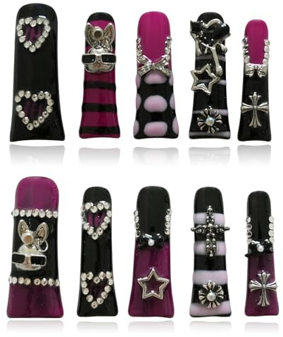 Tesytto Metallic Gothic Press on Nails - Duck Nails Tip False Nails Black Purple Hot Pink with 3D Metal Cross, Star, Heart, Bow & Rabbit Charms, Extra Long Full Cover for Parties (Dark Romance, S)