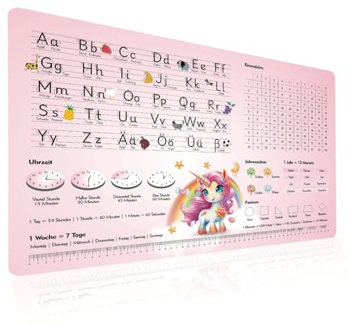 Lernen Schreibtischunterlage für Kinder - Lernunterlage Deutsch ABC Alphabet mit Letter Tracing - 1x1 Uhrzeiten Optik - Wasserfest und Abwischbar aus Silikonähnliches Leder (Thema Einhorn)