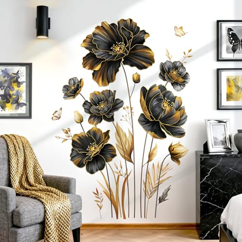 decalmile Large Black Gold Flower Wall Stickers Floral Gold Leaves Plants Butterfly Wall Decals Bedroom Living Room Sofa TV Background Home Decor