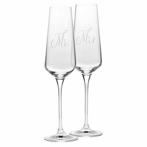 Krosno – Bicchieri per champagne e prosecco Mr & Mrs 180 ml – set da 2 pezzi – Realizzati a mano – Vetro di cristallo – Decorazione bianca opaca – Per matrimonio e regalo di coppia