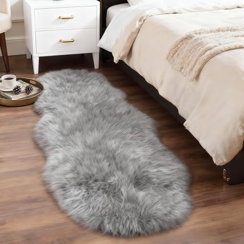 Faux Lammfell Schaffell Teppich 60x120 cm, Lammfellimitat Teppich Flauschiger Weicher Fell Teppiche Longhair Fell Lammfellimitat Carpet für Stühle Sofa Schlafzimmer Kinderzimmer (Grau, Unregelmäßig)