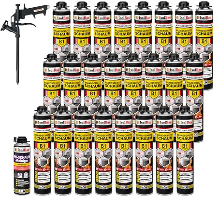 Isolbau - Bauschaum B1 - Montageschaum - PU-Schaum 24 x 750 ml - Pistolenschaum,1 x PU-Schaum-Reiniger & 1 x Schaumpistole - 1K Brandschutzschaum - Dämmschaum - Abdichtung, Wärmedämmung