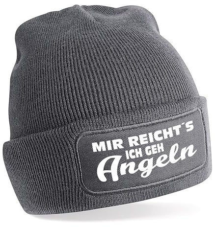 Herzbotschaft Beanie Strickmütze mit Spruch | Mir reicht´s - Ich GEH Angeln | Farbwahl | Unisex SoftTouch angenehm weiche und warme Wintermütze | OneSize Einheitsgröße für Erwachsene