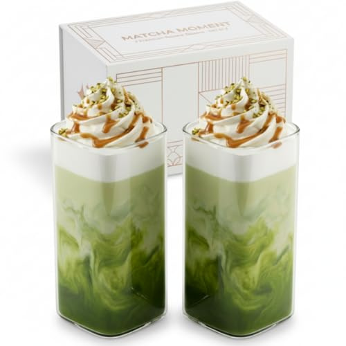 Matcha Gläser 2er Set aus Borosilikatglas – Trinkgläser Set, elegantes Matcha Glas für Tee & Latte, modernes Trinkglas als Matcha Tasse Alternative 350ml