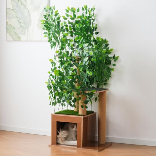 Árbol rascador con forma de árbol de 158 cm con 3 plataformas, agujeros para gatos y hojas extraíbles de MDF resistente al agua para mascotas, ideal para esconderse y escalar gatos