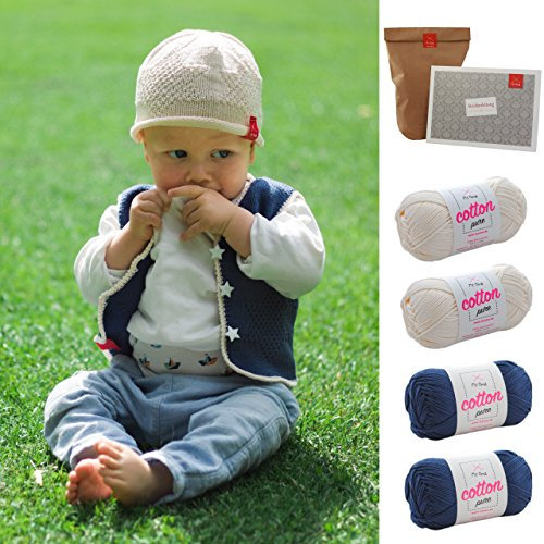 DIY Set Baby - Strickset Baby Weste + Mütze Sternenhimmel- Weste und Babymütze Stricken – Strickpackung Baby: 4 Knäuel Baumwolle Cotton Pure + Strickanleitung – Baby DIY