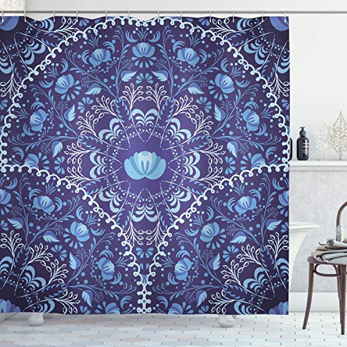 ABAKUHAUS Blumen Duschvorhang, Orientalisches Kreisdesign, mit 12 Ringe Set Stielvoll Modern Farbfest und Schimmel Resistent, 175x200 cm, Marineblau Weiß Blau
