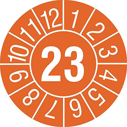 TE-Office 500 Stück Rolle Prüfmarken Prüfplaketten Jahresprüfplakette Jahreszahl Aufkleber Laminiert 30mm 2023 Orange