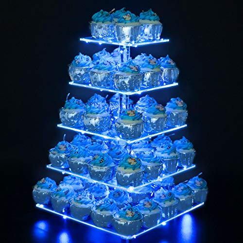 YestBuy 5 Tier Acrylic Cupcake Stand with LED Light for Birthday Parties and Events (Blue)