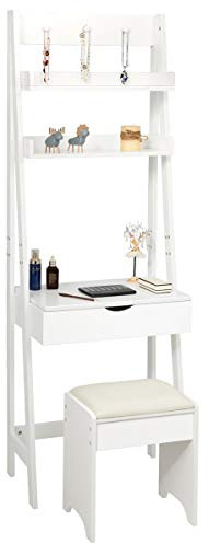 GOPLUS Schminktisch Schminkregal mit Hocker, Schminktisch-Set mit Spiegel und 2 offenen Regalfächern mit 3 Haken, Kosmetiktischgruppe aus Holz, Weiß, 61,5 x 40 x 180cm