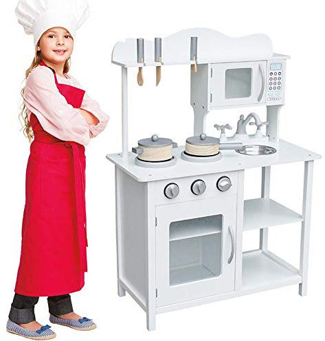Bakaji Cucina in Legno Giocattolo per Bambini con Lavello in Acciaio 2 Fornelli Forno Apribile e Microonde Chiusure Magnetiche Pentole Padelle e Accessori Gioco 60 x 30 x 90 cm (Bianco)