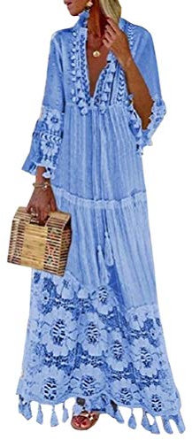 Minetom Robe Maxi Longue Femme Élégant Robe de Soiree Party Plage Boho Grande Taille Floral Dentelle Col V Manches 3/4 Sundress Bleu 46