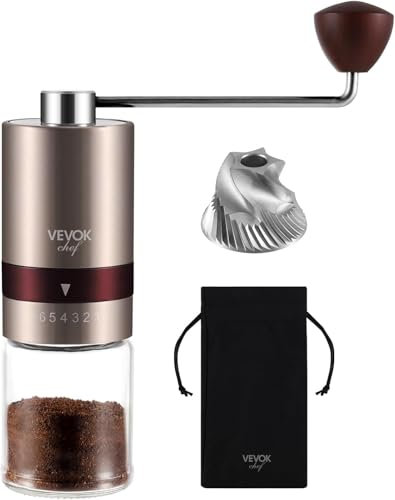 Vevok Chef Molinillo de Café Manual con 6 Ajustes Externos de Grosor para Espresso a French Press, Muela Cónica de Acero Inoxidable, Ideal para Casa, Oficina o Viajes, Oro Rosa