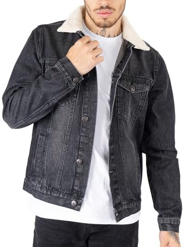 NOROZE Mens Denim Jacket with Detachable Sherpa Collar Classic Fur Jean Trucker Coat (S, Black)