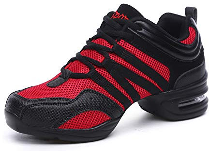 PADGENE Damen-Tanzschuhe mit weicher Satinsohle, hohe Absätze, Tanzschuhe für Jazz/Latein/National Mark/Rumba/Cha Cha, S, Rot, Schwarz, 40 EU