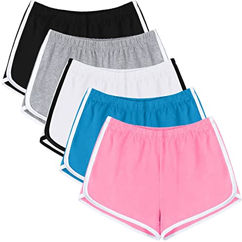 URATOT Lot de 5 Shorts de Yoga et de Danse en Coton pour Femme - Short de Sport pour l'été, l'athlétisme, Le Cyclisme, la randonnée, Noir, Gris Clair, Beige, Bleu lac, Rose, XL