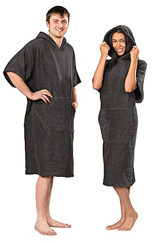 Lanudo® Surf Bade Poncho mit Kapuze | Unisex | 100% Baumwolle, Sanitized® | Bademantel/Umziehhilfe L/XL Dunkelgrau