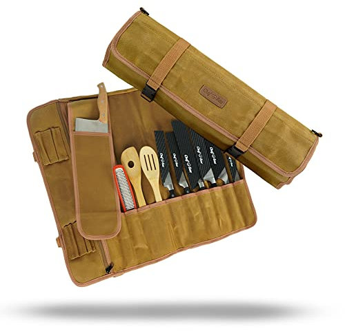 Messertasche aus gewachstem Leinen, 20 Taschen für Messer und Küchenutensilien, spezielles Fach für Hackbeil,Messer-Organizer,Messertasche für Köche und kulinarische Studenten (braun)
