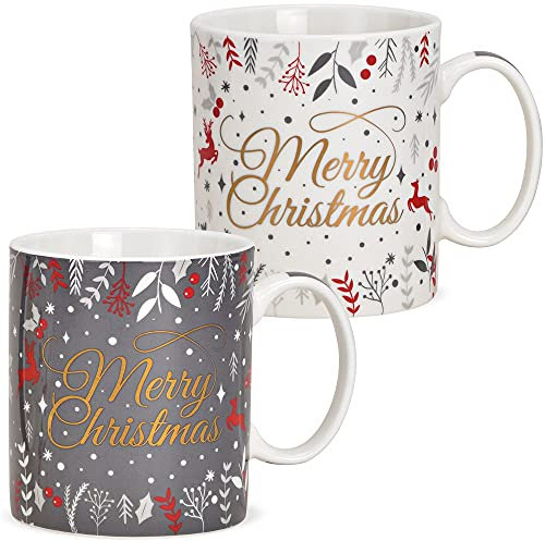 Lot de 2 tasses géantes Merry Xmas en porcelaine américaine - Blanc gris - 400 ml - Grandes tasses à café pour Noël - Passe au lave-vaisselle et au micro-ondes