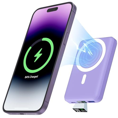 Podoru Wireless Power Bank, 10000mAh Mag-safe Power Bank, Magnetic Portable Charger with 22.5W PD Fast Charging LED Display Mag-Safe Battery Pack for iPhone 16/15/14/13/12/Pro/Max-Purple