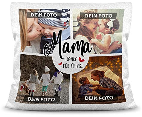 PR Print Royal Kissen mit Füllung zum selbst gestalten mit Foto-Collage für 4 Wunschfotos - Mama Danke für Alles - mit Reißverschluss, Weiß flauschig, 40 x 40 cm