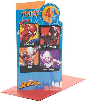 UK Greetings Marvel 4. Geburtstagskarte für Ihn/Jungen mit Umschlag – Abzeichen-Design – mit Spider-Man