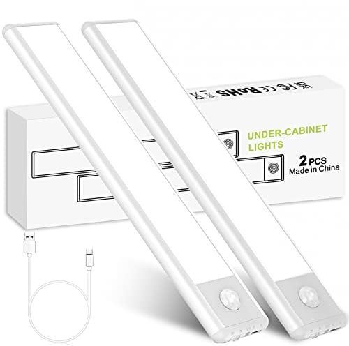FLOWood 2 Pack Under Cabinet Lights, 30 LED Wireless Light Indoor, 250lm USB Rechargeable Motion Sensor Closet Light with Magnetic Stickers for Stairs, Kitchen, Hallway, White