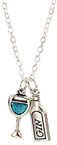 bluebubble GIN TIME Silver Glass and Bottle Charm Necklace on Gift Card (Blue Raspberry Gin)