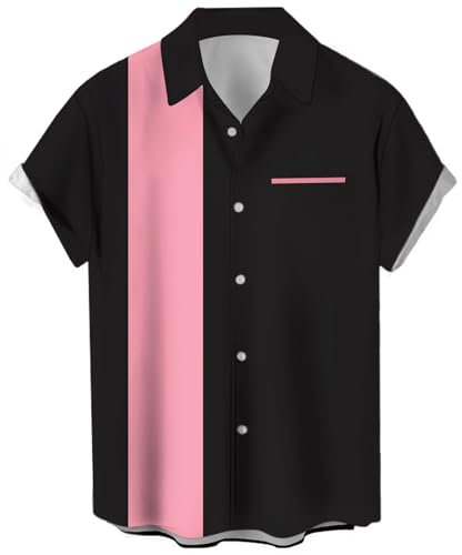 Chemise de bowling vintage années 1950 pour homme rétro à manches courtes boutonnée, noir/rose, Taille L