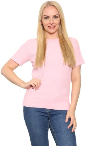 Women’s Short Sleeve Soft Smooth Knitted Round Neck Cable Jumper Pattern Sweaters and Jumpers Pull Over Knit Warm Top Everyday Casual Plus Size Tops -Pink -20-22