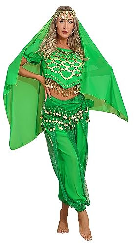 inhzoy Frauen Bauchtänzerin Kostüm Puffärmel Pailletten Oberteile mit Pluderhosen Hüfttuch und Kopftuch Set Tanz Outfit Grün Einheitsgröße