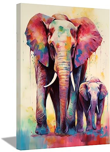 LZIMU Bild mit afrikanischen Elefanten auf Leinwand abstrakter bunter Elefant und Elefantenbaby Wildtier Leinwandbild für Badezimmer Zuhause Wanddekoration Gerahmt (28x35cm)