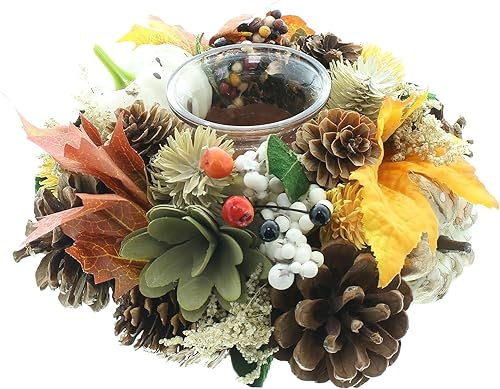 Dekoleidenschaft Windlicht Herbst Kleiner bunter Dekokranz Ø 19 cm, Tischkranz mit Glas-Windlicht, Herbstkranz