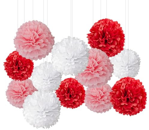 Rot, rosa und weiß Seidenpapier Pompons,Rot, rosa und weiß Seidenpapier Pompons Papier Blume für Hochzeit,Geburtstag,Party(12 Stück)