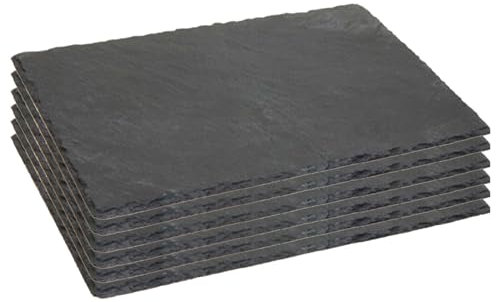 Acan Tradineur Lot de 6 assiettes rectangulaires en ardoise pour hôtellerie, service et dégustation, chant rustique, planche en pierre naturelle pour servir des collations 40 x 30 cm