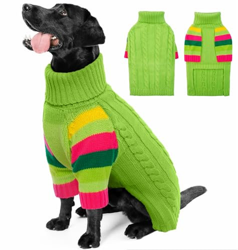 OUOBOB Hundepullover, große Hundepullover für Hunde Mädchen Jungen, Turtleneck Pullover Winter grüne Hundeweste, Weihnachtshund Outfits, Haustier Sweatshirt Bekleidung Strickwaren, XXL