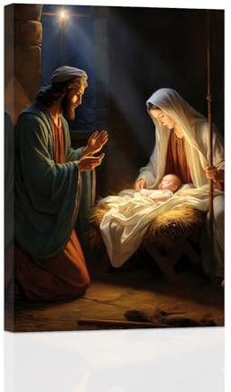 ZXHYWYM Krippen Leinwand Wanddekoration Weihnachts Wanddruck Jesuskind Geburt Jesu Bild christliches Vintage Poster für die Inneneinrichtung mit Rahmen (30.00 x 45.00 cms)