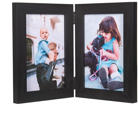 Marco de fotos doble negro de 6 x 4 pulgadas, capacidad para 2 fotografías estándar, independiente, doble bisagra de 6 x 4, 10 x 15 cm, soporte frontal de cristal vertical en el escritorio