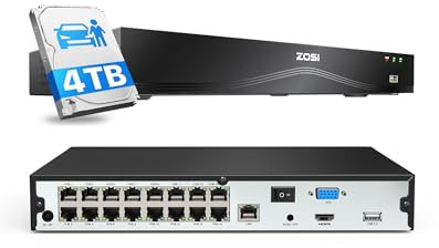 ZOSI 16CH 4K PoE NVR mit 4TB Festplatte, Dual SATA-Anschlüsse, 16-Kanal PoE Rekorder für IP PoE Kamera 2MP/3MP/4MP/5MP/8MP 4K, Funktioniert Nur mit ZOSI PoE Kameras