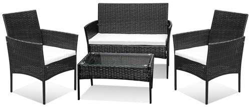 Vigevee Polyrattan Sitzgruppe, 7-teilige Gartenmöbel Set, Wetterfest, Balkonmöbel mit 2er Sofa, 2 Stühle, Tisch & Sitzkissen, Garten Loungemöbel Schwarz