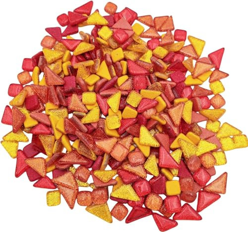 500 g zufällige unregelmäßige Glitzer-glänzende Glasmosaikfliesen zum Basteln, Großpackung, Glasmosaik-Stück-Set für Tassen, Bilderrahmen, Heimdekoration, DIY-Kunstprojekte (Mix Rot Gelb)