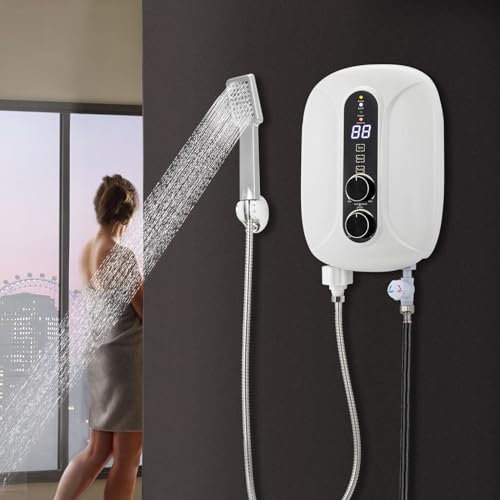 Calentador de agua eléctrico, 5500 W, mini calentador de agua instantáneo con cabezal de ducha e indicador LED, 220 V, IPX4, resistente al agua, calentamiento rápido, calentador de agua para cocina y