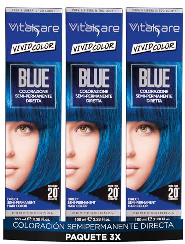 Vitalcare | Vivid - Colorazione Semipermanente Professionale, Tinta Colorante Capelli, Tintura Capelli Diretta, Durata Fino a 20 Lavaggi, Capelli Morbidi e Idratati, Colore Blu, Multipack 3 pz x 100ml