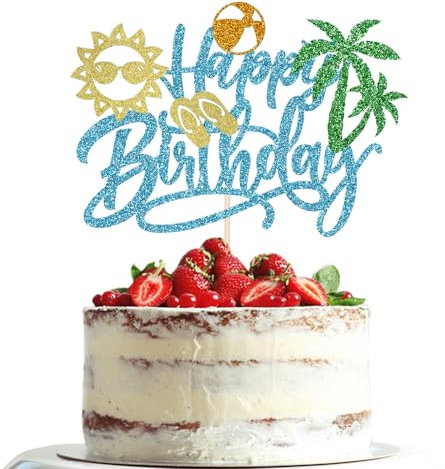 Dxsdgetue Summer Beach Happy Birthday Cake Topper Blue Glitter Pool Swimming Surfing Party Decoration Summer Holiday Birthday Party Decoration Supplies
