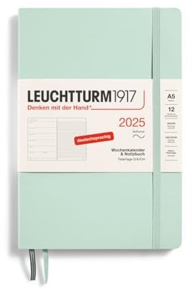 LEUCHTTURM1917 370514 Wochenkalender & Notizbuch Medium (A5) 2025, Softcover, Mint Green, Deutsch
