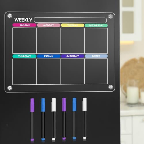 Magnetic Fridge Planner for Weekly,17 x 12 Inch Resuable Meal Planner Board with Dry Erase Markers,Clear Acrylic Magnetic Calendar for Fridge,Weekly Planner Magnetic for Shopping List Memo Reminders
