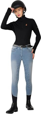 Preto Pantalones de equitación de mezclilla para mujer, con asiento completo, agarre de silicona, suaves, elásticos, pantalones ecuestres con bolsillos, Mezclilla azul marino, 34W