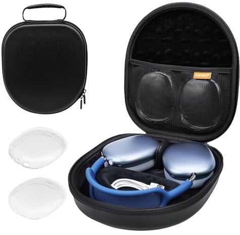 Case for Apple AirPods Max, Headphones Smart Case with Auto Wake/Sleep Mode, Ultra Slim Travel Portable Leather Bag with Silicone Anti-Scratch Ear Cups Cover for AirPods Max - Black