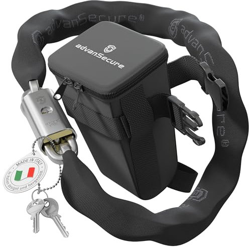 advanSecure® Hochsicherheits-Kettenschloss mit Satteltasche | optimal für Fahrrad und E-Bike | max. Sicherheitsstufe | 90 cm Länge, 10 mm Kettenglieder | gehärteter Spezialstahl